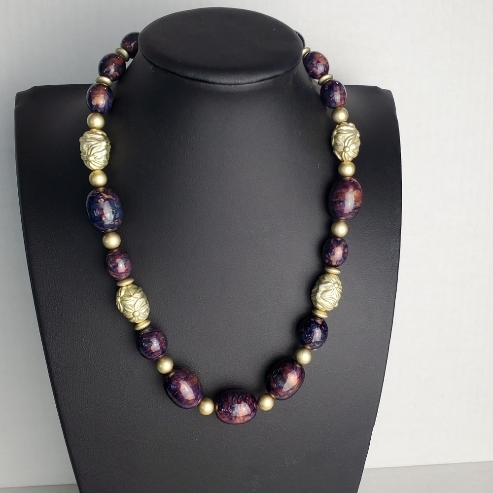 Purple Watercolor Beads with Gold Accent Beads Boho Oval Colorful Necklace 18"
